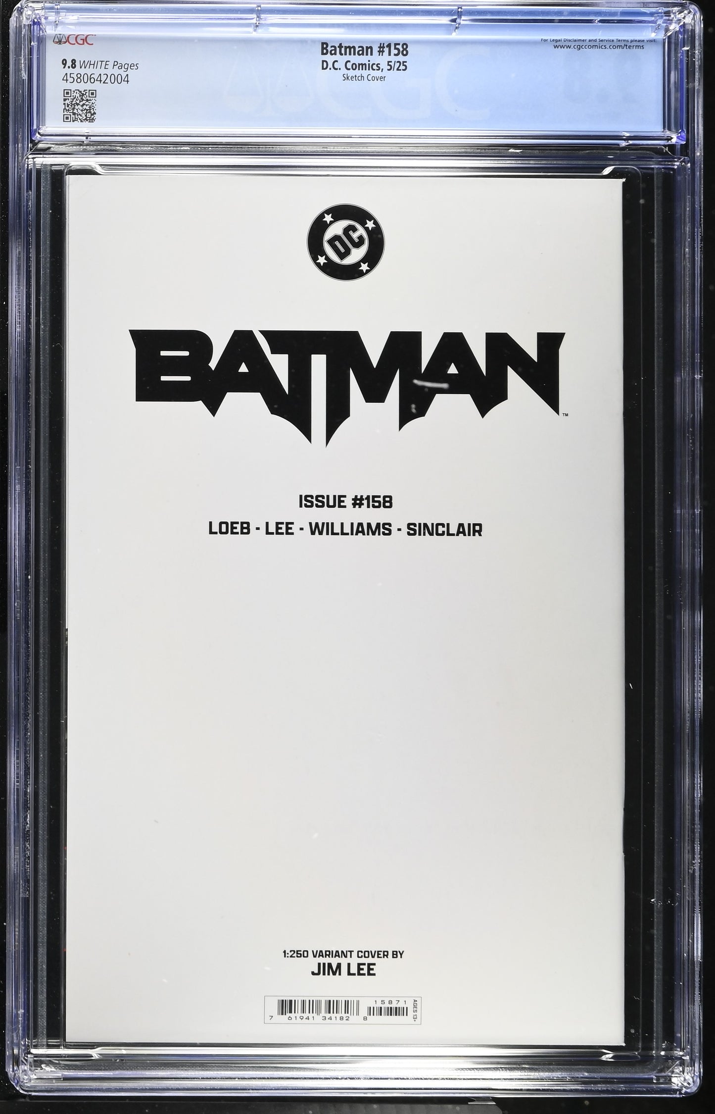 Batman #158 CGC 9.8 Inc 1:250 Jim Lee Pencils Virgin Card Stock Variant