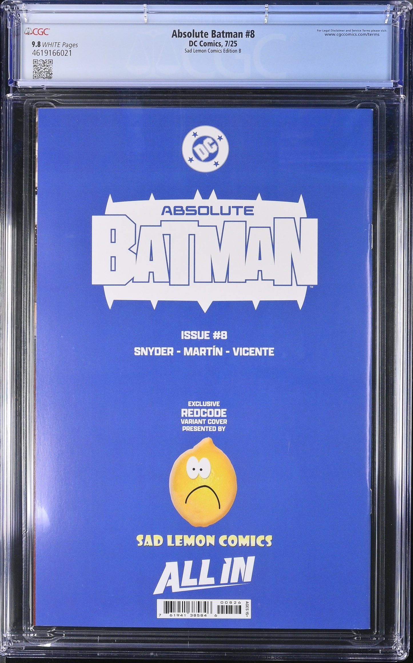 ABSOLUTE BATMAN #8 CGC 9.8 REDCODE EXCL THE DARK KNIGHT RETURNS VIRGIN VARIANT-B